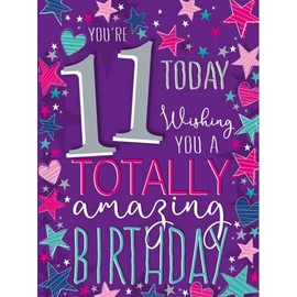 Noel Tatt Girls 11th Birthday Card - Age 11 - Stripey Hearts and Stars - Eco-Friendly and Recyclable - Made in England