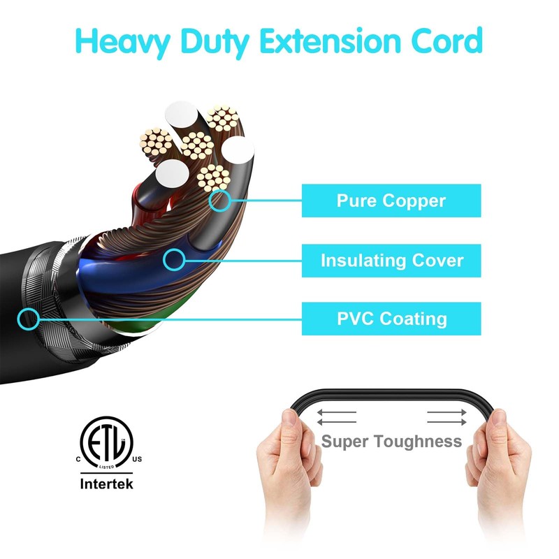 1 FT Flat Plug Extension Cord - HICITY 3 Outlet