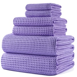 POLYTE Oversize, 60 x 30 in., Quick Dry Lint Free Microfiber Bath Towel Set, 6 Piece (Purple, Waffle Weave)