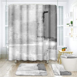 ArtSocket 4 Pcs Shower Curtain Set Grey Abstract Painting Black White with Non-Slip Rugs Toilet Lid Cover and Bath Mat Bathroom Decor Set 72" x 72"