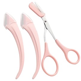 3Pcs Eyebrow Trimmer Scissors, 2 in 1 Eyebrow Razor with Comb, Eyebrows Shaping Grooming Set Non-Slip Cutter Stainless Steel Brow Shaper Trimming Scissors Makeup Beauty Tool for Men & Women (Pink)