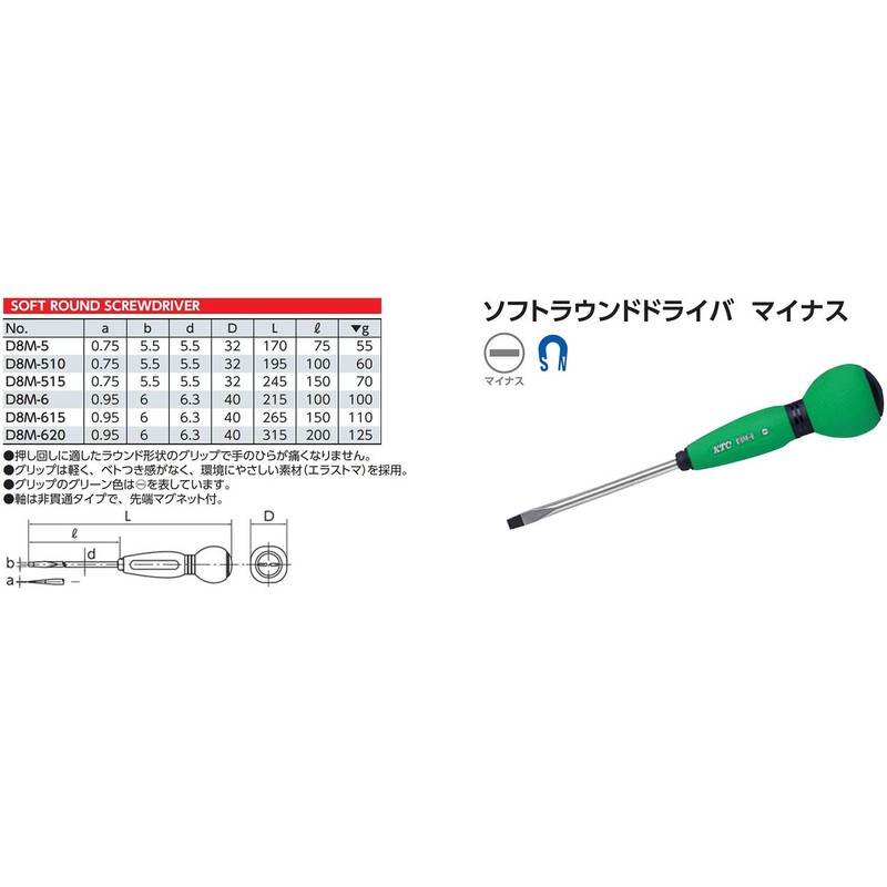 京都機械工具(KTC) ソフトラウンドドライバー マイナス D8M-515