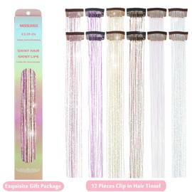 MISSUHUI 12Pcs Hair Tinsel Clip in 23.6Inch Clip in Hair Tinsel Glitter Tinsel Hair Extensions Heat Resistant Tinsel Hair Kit Clip in Sparkling Fairy Hair Accessories for Girls Women Kids (6 Colors)