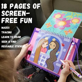 Totebook Dry Erase Kids Activity Book with Tethered Crayola Washable Markers - Travel Car Activities for Kids Ages 4, 5, 6, Drawing, Mazes, Tracing, Reusable Stickers (Princess & Extra Ocean Book)