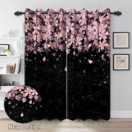 Renaiss Pink Cherry Patels Blackout Curtains, Japanese Cherry Flowers Thermal Insulated Bedroom Window Curtains, Black Floral Bossom Window Drapes for Living Room, 63" L x 42" W 2 Panel Set