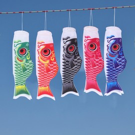Angoily Carp Fish Windsock Traditional Japanese Style Wind Directional Fish Anime Satin Flag Sign Hanging Sailfish Welcome Banner for Home Shop 55 cm Pack of 5