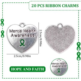 WANDIC Green Ribbon Silvery Heart Shaped Pendants, 20Pcs Mental Health Awareness Alloy Charms for Jewelry Making Public Benefit Activities