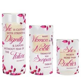 Elanze Designs Proverbs 31 Full Collection, Pink Floral Faith Printed Design 6, 8, & 10 Inches Each Durable Glass Floating Illusion Pillar Candle Holder Christmas Home Décor, 3 Piece Gift Set