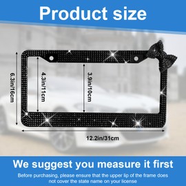 Wanheart Bling Rhinestone License Plate Frame Sparkly Car Tag Cover Stainless Steel Decorative Auto Accessory for Women Sleek Dark Minimal Gift Bow (Black Frame + Black Bow)