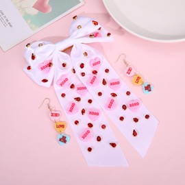 NLCAC Valentines Day Gifts Hair Bows for Girls Jeweled Crystal XOXO Candy Heart Hair Bows Clip Hair Accessories Conversation Heart Earrings Jewelry White-XOXO Heart