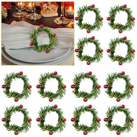 Christmas Wreath Napkin Rings Set of 12, Evergreen with Red Berries, Floral Holiday Table Decorations