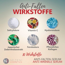 Anti-Falten-Anti-Aging-Gesichtsserum mit reiner Hyaluronsäure + VitC – 10 Wirkstoffe – NIEDRIGE KONSERVIERUNGSSTOFFE 2 Jahre haltbar ungeöffnet