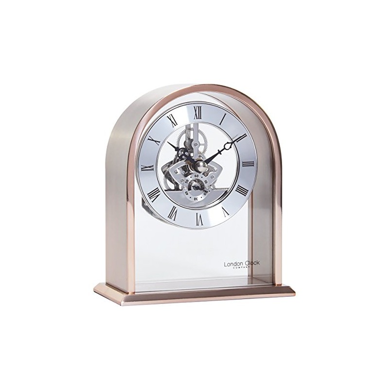 London Clock Arch Top Skeleton Mantel Clock, Rose Gold Case
