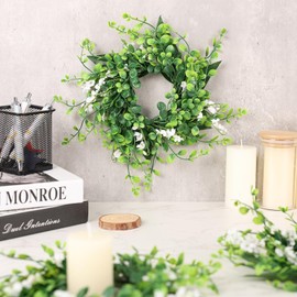 6 Pcs Green Boxwood Candle Rings Wreaths Mini Spring Summer Forsythia Wreath for Front Door Artificial Rings Wreaths with White Flowers for Pillar Porch Wall Window Farmhouse All Seasons Decor