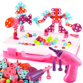 Kaemgyyd Magic Montessori Play Toolbox，249Pcs Magic Montessori Play Toolboxwith Electric Drill, 2D/3D Creativity Tool Box Montessori Toys Gift for Age 3-12 Years Old Girls, Pink