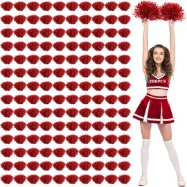 Jerify 200pcs Cheerleading Pom Poms Bulk Metallic Foil Cheerleader Pom Poms with Baton Handle Plastic Cheer Pompom Cheering Hand Flowers for Game Sports Squads Dance Party Basketball (Red)