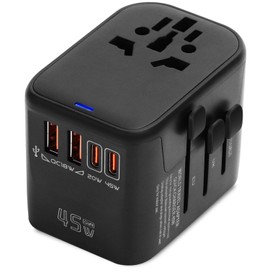 Great Jacob 45W Travel Adapter Worldwide, Fast Charge International Socket Adapter, Travel Adapter with UK/USA/EU/AU Plug, Universal Travel Plug with 2 USB (QC 18W) & 2 USB C(PD 45W & PD 20W)