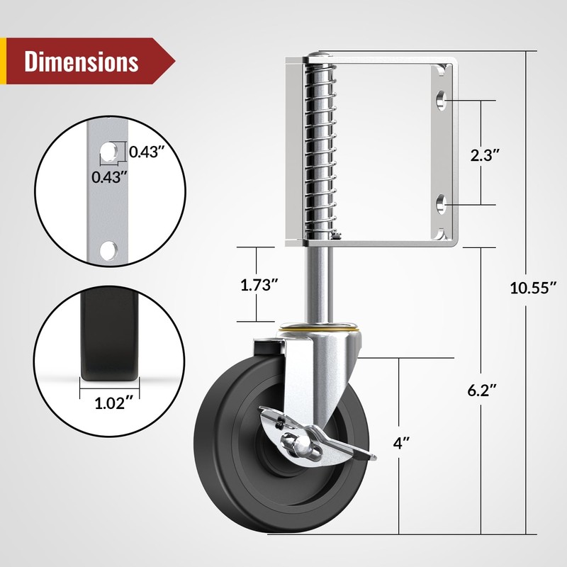 Gate Wheels with Side Brake, Spring Loaded Gate Casters for