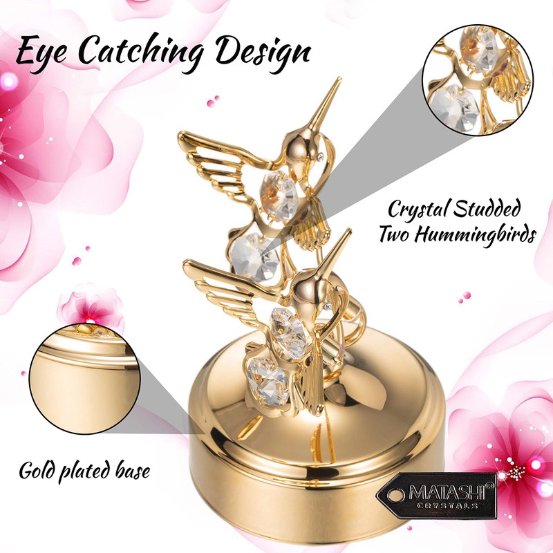 24K Gold Plated Music Box with Two Crystal Studded Hummingbirds