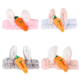 PACKOVE 4Pcs Bunny Ear Headbands Lovely Elastic Coral Fleece Makeup Headbands for Face Washing Skincare and Cosmetic Use Featuring Cute Carrot Design and Secure Fit