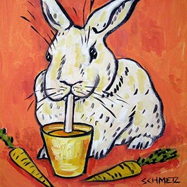 Bunny Rabbit drining carrot juice with orange background decor animal art tile coaster gift