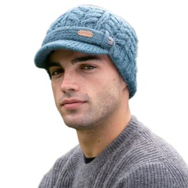 Cable Knit Peak Hat for Men, 100% Wool, Fleece Lining, One Size, Hand Wash (US, Alpha, One Size, Denim Blue)
