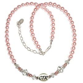Sterling Silver Child's CTR Necklace for Girls with Pink Simulated Pearls and Crystals (12+2" Extender)