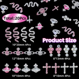 320Pcs 10Styles 3D Nail Gems and Assorted Acrylic+Nail Art Charms, Silver Snake Planet Cross Nail Diamond Charms, Multi Color Butterfly Flowers Acrylic Charms for Nails, Nail Art DIY Accessories