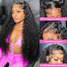 Wingirl 13x6 Deep Wave Lace Front Wigs Human Hair Pre Plucked 180 Density HD Lace Lace Frontal Wigs with Baby Hair for Women 26inch Glueless Natural Black Color