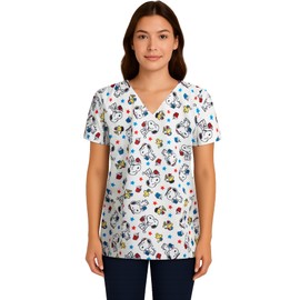 COCO BRANDS Womens Scrub Tops - Peanuts Snoopy Short Sleeve V-Neck Medical Uniform Scrubs for Women (Sizes: S-XXL), Size Large, Snoopy & Woodstock Stars & Floats Patriotic