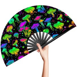 OMyTea Rave Hand Fan Foldable for Women/Men/Drag Queen - Large Clack Festival Folding Hand Fan - for EDM, Music Festival, Event, Party, Dance, Performance (Green Mushroom)
