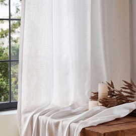 TOPICK White Curtains with Loops, Linen Curtains for Living Room, Bedroom, Stores, Windows, Translucent Light Filtering Curtain, Farmhouse, Country House Style, Kitchen, Set of 2, 140 W x 145 H (cm)