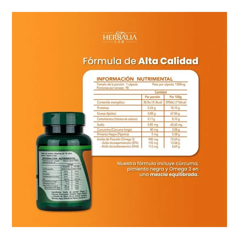 Cúrcuma Con Pimienta Negra + Omega 3, Curcumina Herbalia Lab