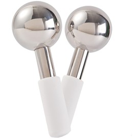 Stainless Steel Ice Roller Beauty Massager, 5 cm Dual Facial Globes with Rubber Base, Storage Bag