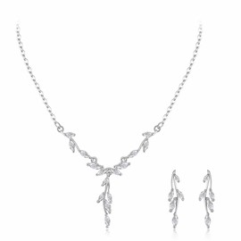 Clearine Wedding Jewellery Sets for Brides Bridesmaid Women, Sparkling Cubic Zirconia Marquise Y Necklace Leaf Drop Dangle Earrings for Prom Party Clear Silver-Tone