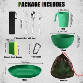 Scout Camping Mess Kit for 1 Person Boy Scout Dishes Set Girl Scout Mess Kit with Mesh Bag Reusable Light Weight Eating Utensils Plastic BPA Free Camping Cutlery Set for Travel Camp (Green)