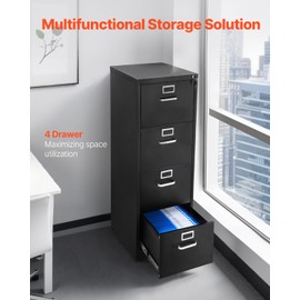 VEVOR 4 Drawer File Cabinet with Lock, Metal Vertical Filing Storage Cabinets for Home Office, Heavy-Duty Cabinet with Detachable Hanging Rod, for A4/Letter/Legal Size File, Easy Assembly (Black)