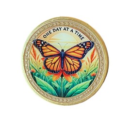 Orange Monarch Butterfly Field Sunrise One Day at A Time Medallion Serenity Prayer Chip