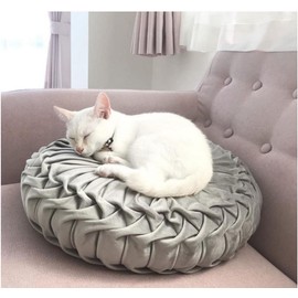 13.7 inch Round Sofa Cushion Pure Color Velvet Home Decor , Pleated Round Cushion, Pumpkin Pillow Suitable for Home Bed car Decoration (Grey)