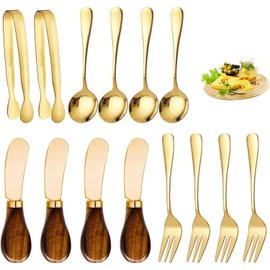 Charcuterie Accessories (14 Pcs), Cheese Spreaders for Charcuterie Board, Mini Serving Spoons, Forks and Mini Serving Tongs - Charcuterie Utensils for Butter, Cheese and Pastry Making (Gold)