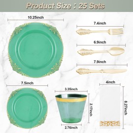Bestluck 175PCS Clear Green Plastic Plates for 25 Guests, Disposable Plates with Gold Trim include 50 Dinner Plates, 75 Gold Silverware, 25 Cups, 25 Napkins for Party, Wedding and Graduation
