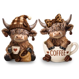Wesiti 2 Pcs Highland Cow Figurines Coffee Highland Cow Gnomes Scottish Resin Statue Calf Lovers Gifts for Christmas Home Garden Kitchen Office Tiered Tray Table Decor