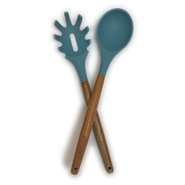Prepara Acacia and Silicone Spaghetti and Solid Spoon set, Steel Blue