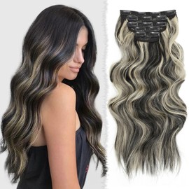 WOKAA Clip in Hair Extensions Long Wavy Hair Extension Clip ins 5Pcs 20 Inch Black mix Blonde Synthetic Thick Hairpieces for Women