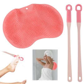 Shower Foot Scrubber Mat, Pink Silicone Shower Foot Scrubber, with Non-Slip Suction Cups Wall-Mounted Design for Cleaning and Massaging The Soles of The Feet, with 2 Long-Handled Soft Brush