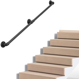 Industrial Pipe Stair Handrail, Wall-Mounted Metal Hand Rail for Indoor & Outdoor Steps, Black Galvanized Iron, Vintage Farmhouse Style, Heavy Duty Support for Stairs & Porch (Black, 8ft)