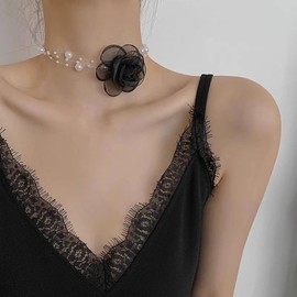 Inilbran Boho Layered Black Flower Pearl Necklace Vintage Lace Camellia Choker Necklace Black Pearl Strand Necklace Adjustable Lace Rose Flower Pearl Necklace Jewelry for Women