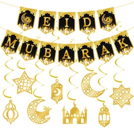Ramadan Decoration, Eid Mubarak Decoration, Eid Mubarak Banner, Ramadan Garland, Gold Star, Moon, Ramadan Bayram Decoration for Ramadan Kareem Festival, Party Decoration