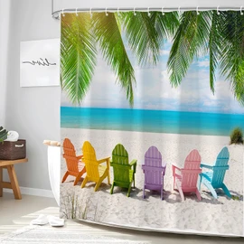 Ocean Scenic Shower Curtain Colorful Beach Chairs Funny Bathroom Curtains Tropical Nature Landscape Summer Palm Tree Hawaiian Coastal Seaside Scenery Bathtub Decor Set with Hooks 70W x 70H inch