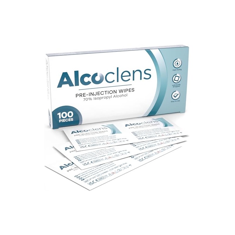 Alcoclens Pre-Injection Alcohol Wipes/Swabs Box of 100 Sachets